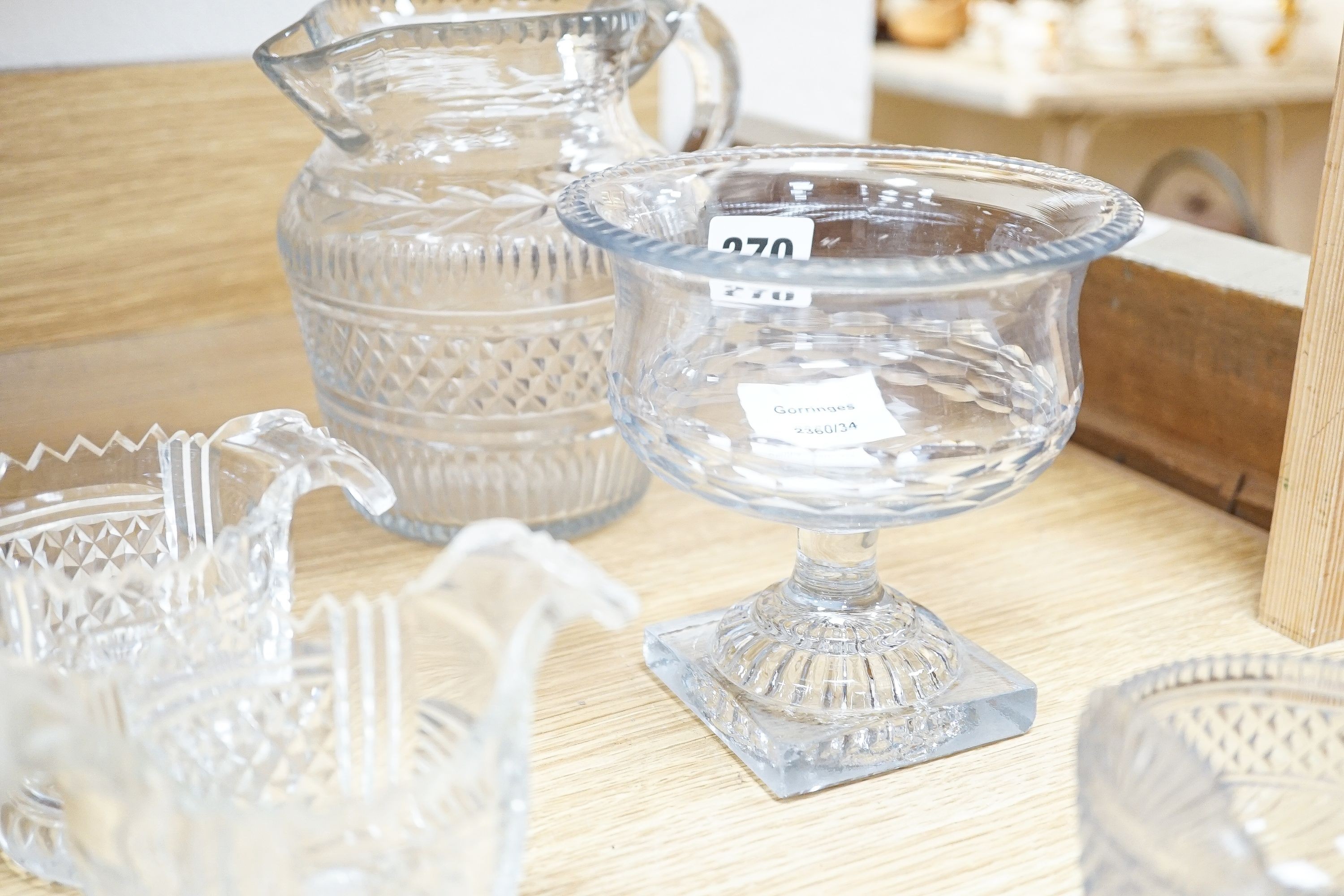 19th century and later deep cut glassware, including a set of six rinsers with turnover handles, 8cm high
